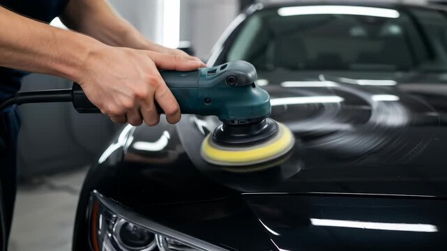 Professional detailing with orbital polisher on dark car hood, one adult male, garage interior