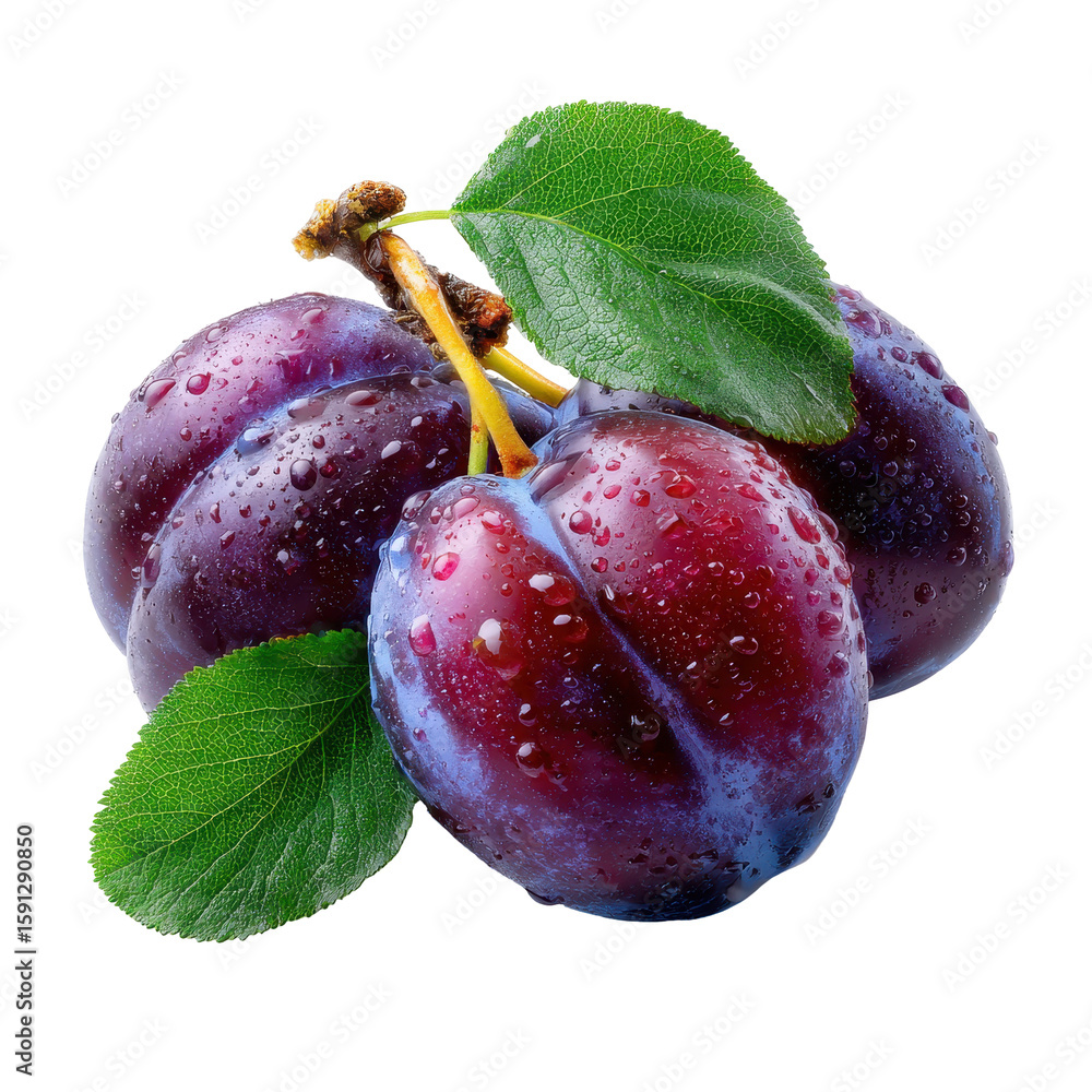 Poster fresh plums with dew captured in bright light display vibrant color and texture in a close-up view