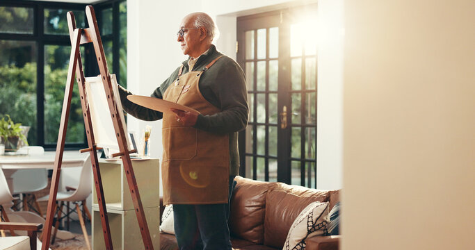 Senior man, painting and canvas for art, drawing process and sketch for artwork. Artist, elderly person and palette with creative design for craft activity, unique piece and retirement hobby in home