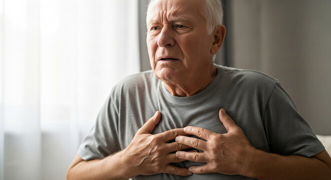 An older caucasian man experiencing chest pain holding his hands over his heart. Concept of heart attack, stroke, or heart problem.