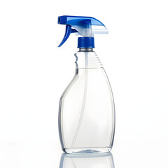 A clear plastic spray bottle with a blue trigger is isolated on a white background