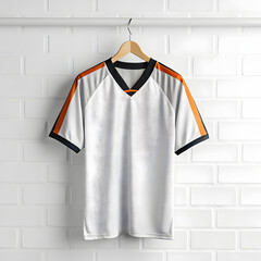 White and orange short sleeve sports jersey hanging on a hanger against a brick wall