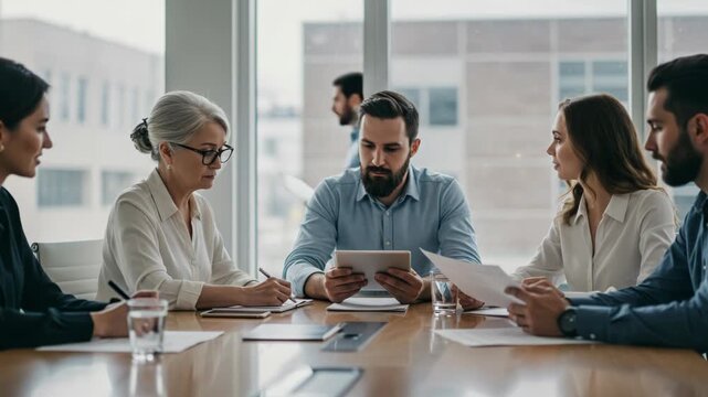 A diverse team of professionals collaborates around a table, reviewing documents and a tablet during a business meeting - Powered by Adobe
