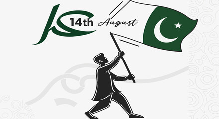 Independence Day Pakistan: A stylized illustration of a person hoisting the Pakistan flag in celebration of Independence Day on August 14th, patriotic and festive with a sense of national pride.