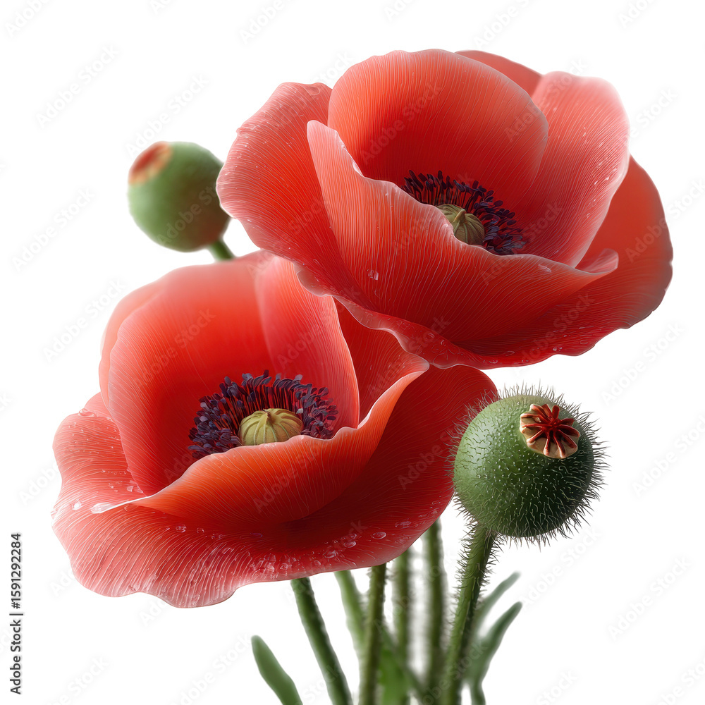 Poster vibrant red poppies with green buds resting gently under soft light in a serene setting