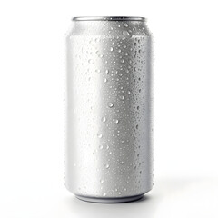 A cold aluminum can covered in water droplets isolated on white