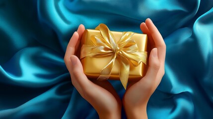 Two hands gently hold a small golden gift box with a gold ribbon on a blue silk background.