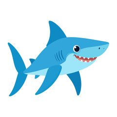 Obraz premium A cheerful blue cartoon shark with a wide toothy grin and prominent fins.