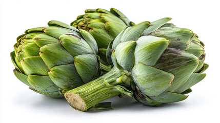Studio image of fresh whole artichokes on a white background