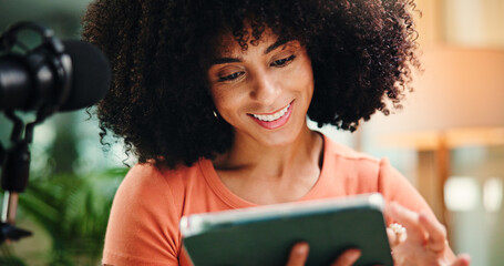 Happy, tablet and woman in studio for podcast, broadcast and talk show at media agency. Radio...
