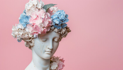 Ancient woman Statue with hydrangea flowers on head