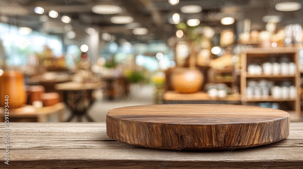 Aufkleber wooden table top with blurred cafe background and bokeh lights. ideal for placing product to display