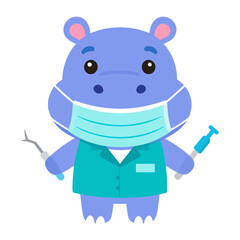 Cute cartoon hippopotamus dentist wearing a mask, holding a syringe and scaler.