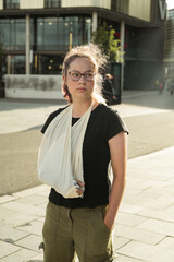 Plaster cast. Teenager with fractured arm, broken wrist bones