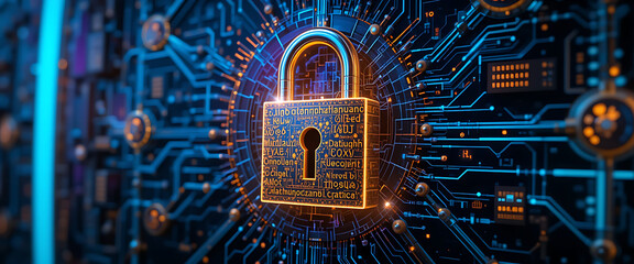 abstract block chain technology digital 3d cyber security system with golden glowing shiny metal lock on the middle dark purple golden silver lock with deep key hole shine shimmering micro glowing sys
