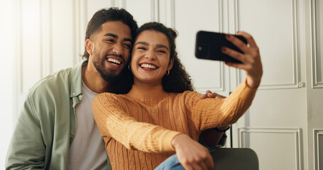 Bonding, couple and selfie in house, together and affection for memory on social media and...