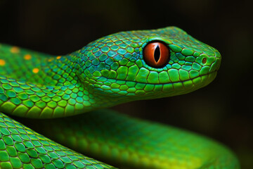 Naklejka premium Vibrant green viper with striking orange eye snake