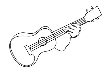Hand playing ukulele musical concept one line art, hand-drawn playing Hawaiian string instrument drawing continuous contour. Acoustic small guitar outline melody minimalist symbol. Editable stroke. 
