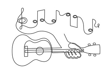 Hand playing ukulele musical concept one line art, hand-drawn playing Hawaiian string instrument drawing continuous contour. Acoustic small guitar outline melody minimalist symbol. Editable stroke. 