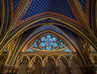 Gothic interior of Sainte Chapelle chapel in Paris, France.