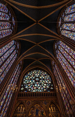 Stained glass windows inside Sainte Chapelle chapel in Paris, France.