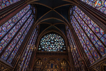 Stained glass windows inside Sainte Chapelle chapel in Paris, France.