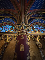 Medieval column and arches of Sainte Chapelle chapel in Paris, France.