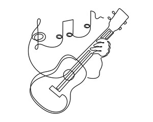 Hand playing ukulele musical concept one line art, hand-drawn playing Hawaiian string instrument drawing continuous contour. Acoustic small guitar outline melody minimalist symbol. Editable stroke. 