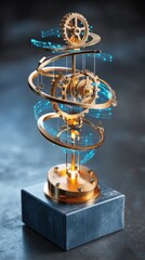 Abstract Gold Gear Mechanism with Blue Energy Trails