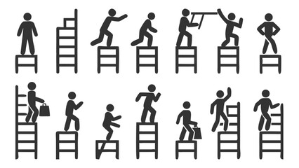 Ascending Ambition Pictograms Depicting Career Development Metaphors with Ladders and Platforms Illustrating Progress and Achievement in Diverse Business Scenarios