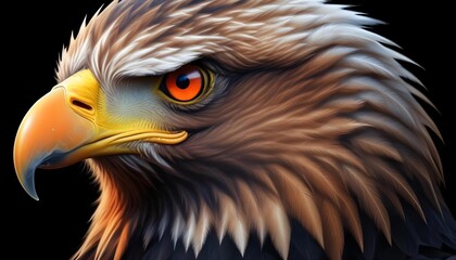 Naklejka premium Intense gaze of an eagle, showcasing vibrant orange eye and detailed feathers.