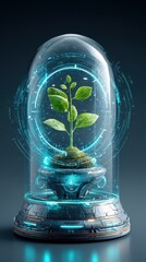 Futuristic Plant Growth in Glass Dome with Glowing Blue Light