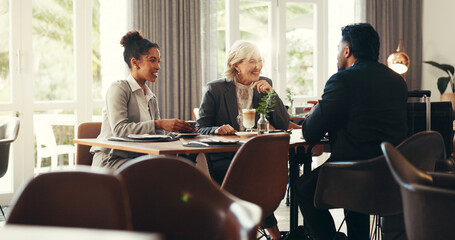Hotel lounge, team and business people in meeting for finance project and travel with coffee. Smile, corporate group and conversation for investment trip, collaboration or hospitality discussion