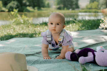 Baby crawling on blanket with soft toy outdoors