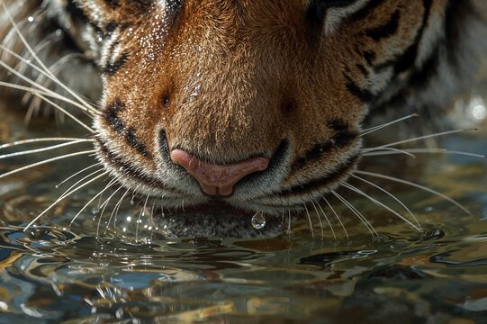 Close up of a tiger drinking water with droplets hanging from its whiskers and reflection visible