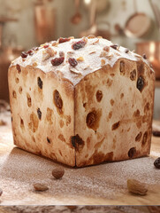 Delicious traditional panettone with cranberries, raisins, and powdered sugar. Perfect for holidays and celebrations.