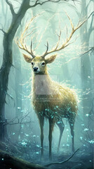 Enchanting deer glows, luminous in a mystical forest. Magical nature scene with ethereal light.
