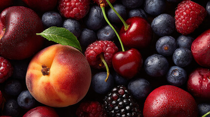 A detailed close-up of assorted summer fruits including berries, peaches, and cherries