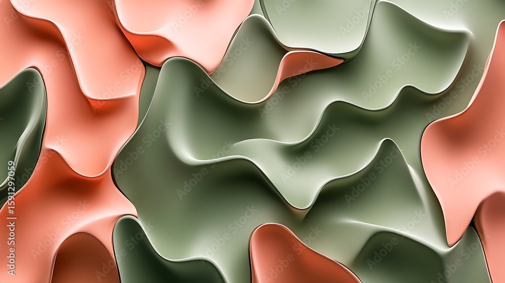 Poster wavy abstract background with flowing shapes in green and peach