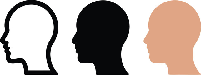 Three head profiles in white black and skin tone on a white background with a light shadow effect