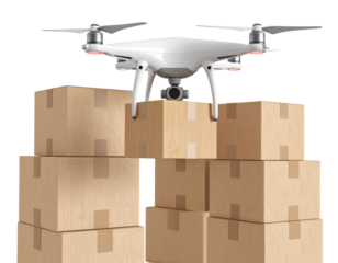 3D Rendering of a Drone Carrying a Package Over Stacked Cardboard Boxes, Isolated on