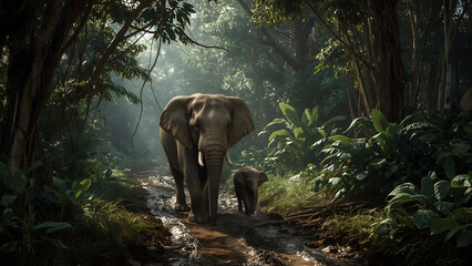 Fototapeta premium An elephant and its calf walking along a muddy path through a lush, green jungle.