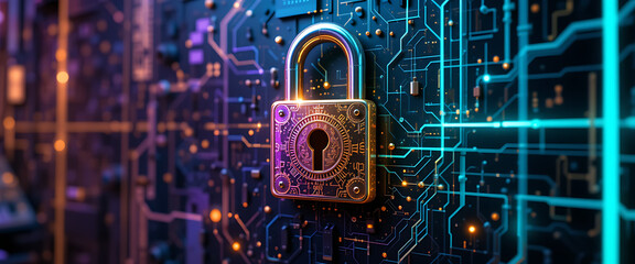 abstract block chain technology digital 3d cyber security system with golden glowing shiny metal lock on the middle dark purple golden silver lock with deep key hole shine shimmering micro glowing sys