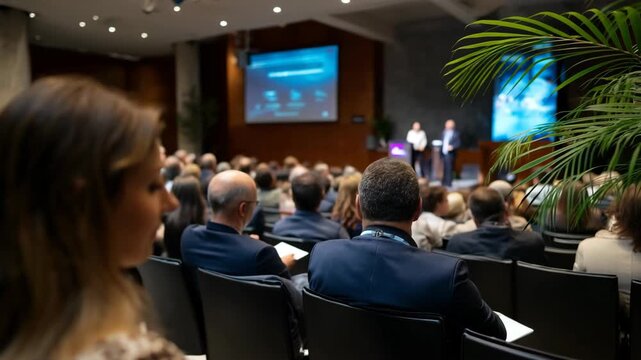 Attentive audience listening to a presentation at a business conference. The focus is on the attendees, showcasing a diverse group of people engaged in the event.