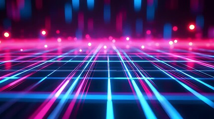 Vibrant neon grid with glowing lines and colorful lights creating a futuristic digital landscape - Powered by Adobe
