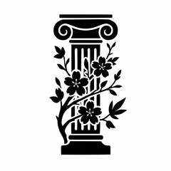 Vase with flowers on a white background, featuring a Roman column design and plant illustration