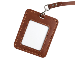Vintage Leather ID Badge with Metal Clip, Angled Side View, isolated on transparent background.