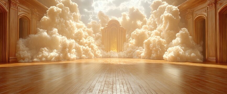 Heavenly hall, golden clouds, and wooden floor