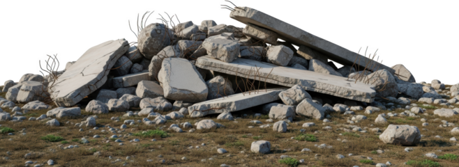 Pile of broken concrete slabs and rocks with rebar on grassy ground isolate