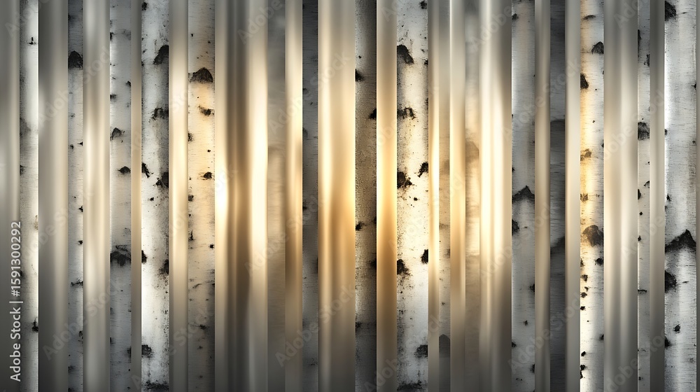 Poster abstract birch tree forest with light shining through vertical trunks